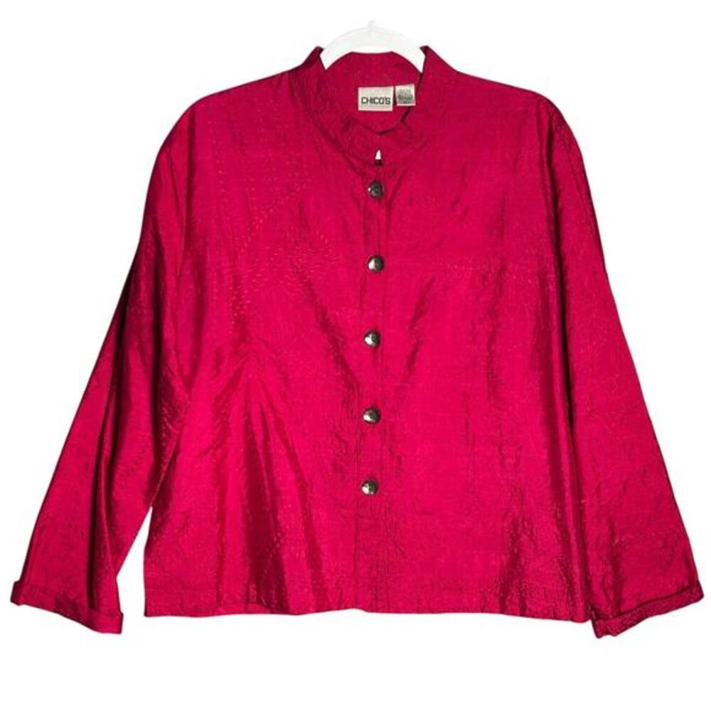 Chicos Sz 2 Medium 100% Silk Dark Pink Embroidered Jacket Mandarin Collar India